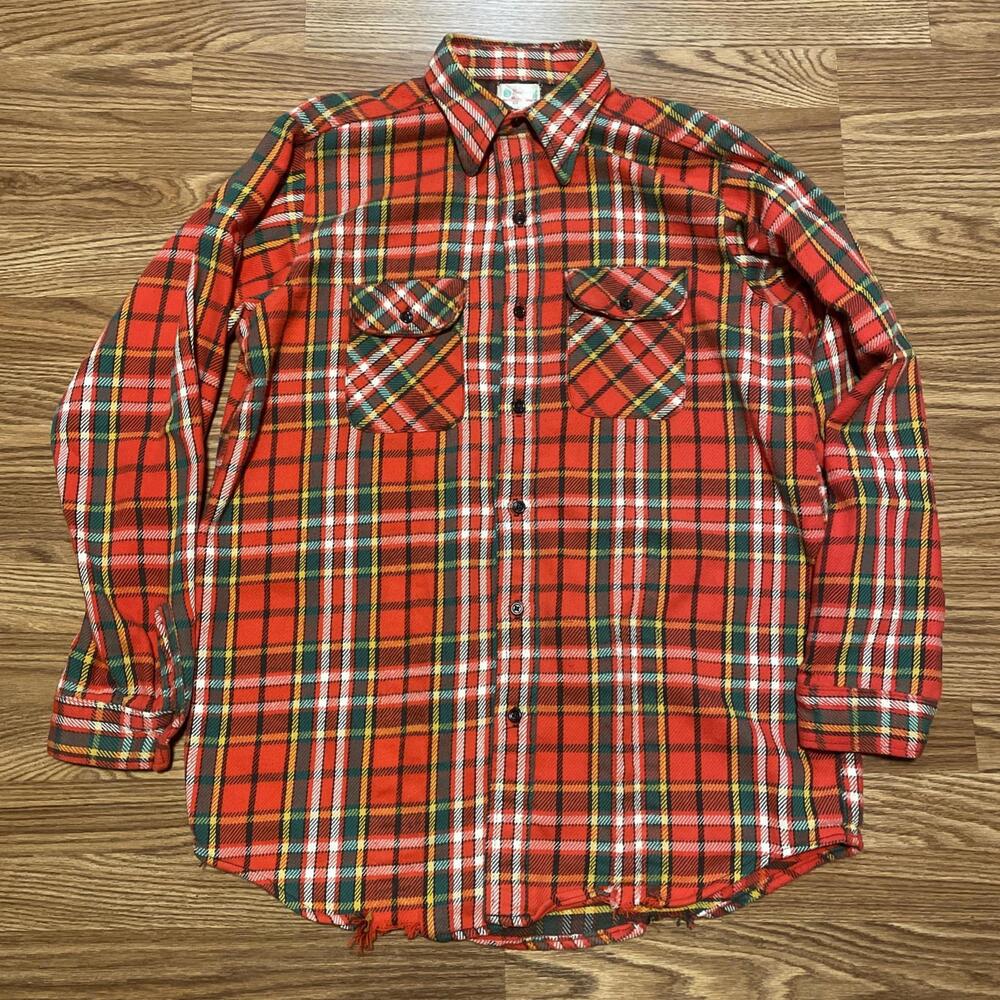 VTG 70s 60s 5 Brother Plaid Flannel Button Up Shirt Mens Sz Large 16 USA Made